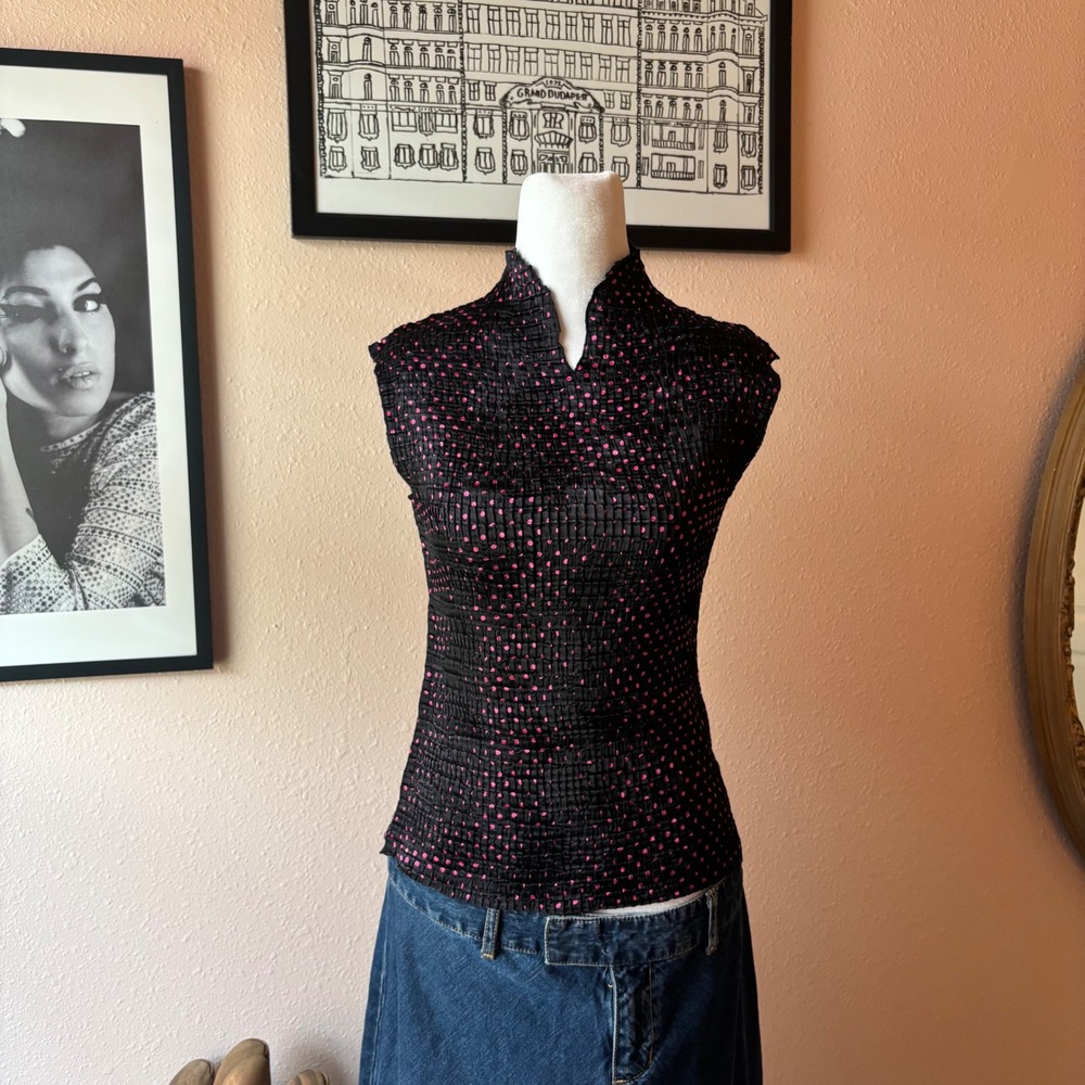 2000s Funky Hot Pink Polka Dot Mock Neck Blouse - Picture 2 of 8